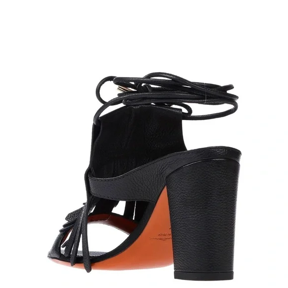Santoni Black Sandals Fringe Detail Open Toe - Picture 5 of 6
